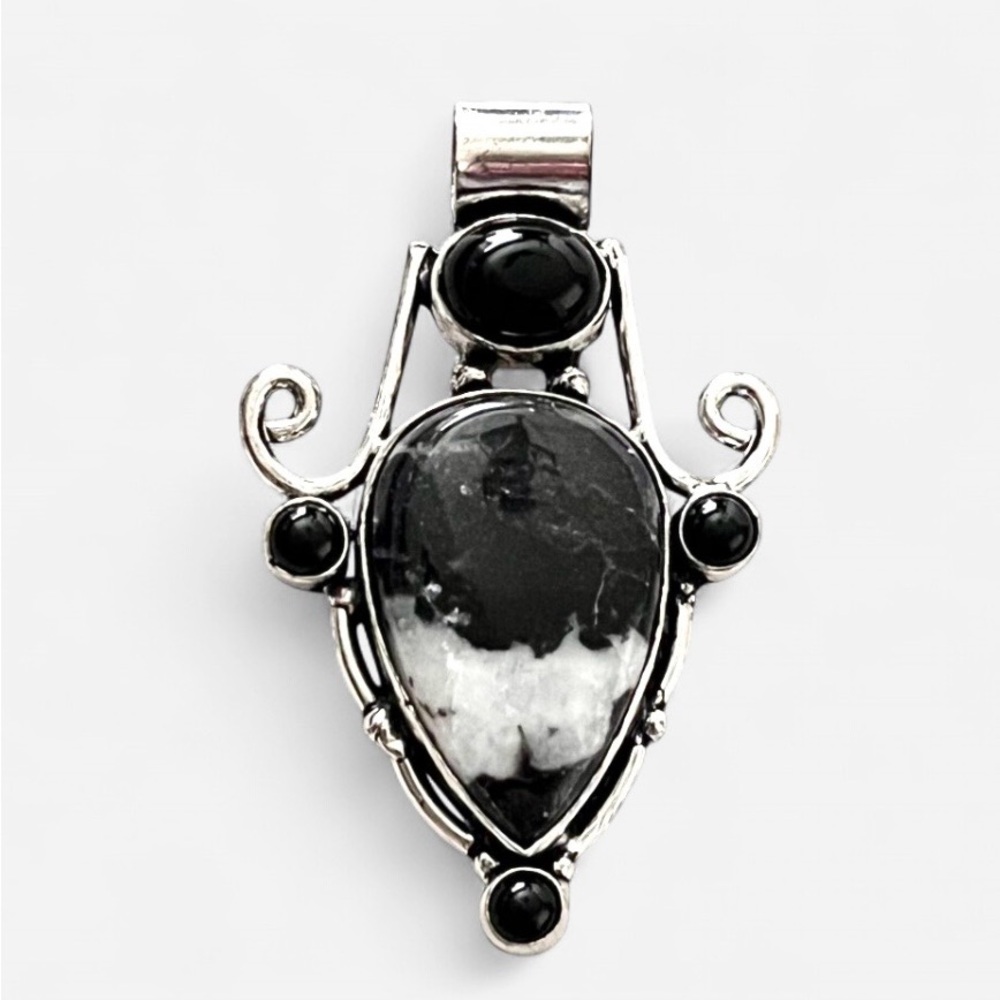 Black Onyx & White Buffalo Turquoise Sterling Silver 2.3” Pendant